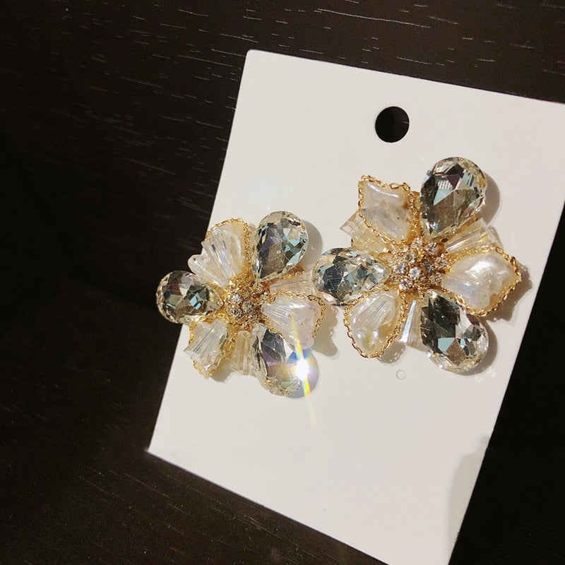 MENGJIQIAO Hot Sale Korean Japan Freshwater Pearl Flower Stud Earrings For Women Waterdrop Crystal Wedding Jewelry Oorbellen