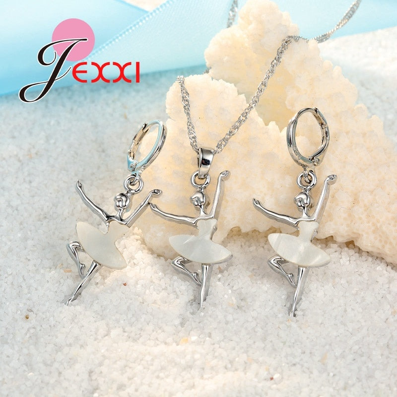 Elegant White Dress Ballet Dancing Girl 925 Sterling Silver Pendant/Necklace/Earrings Jewelry Set Beautiful Jewelry Set
