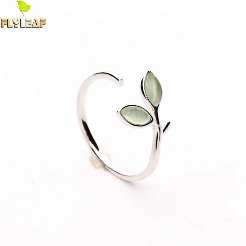100% 925 Sterling Silver Green Opal Leaves Buds Open Rings For Women High Quality Creative Fashion Jewelry 2022 New