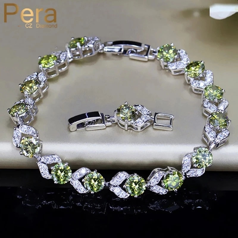 Pera Unique Design Olive Green Cubic Zirconia Stone Silver Color Jewelry Fashion Women Party Charm Link Bracelets for Gift B096