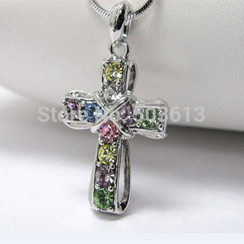 Fashion Cross Necklace Multi Color Crystal Rhinestone Pendant Necklace with 45cm Snake Chain one piece  xy121