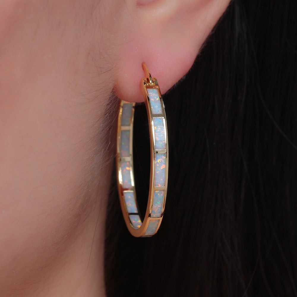 CiNily Blue Green Fire Opal Stone Hoop Earrings Silver Plated Rose Gold Color Big Round Circle Hip Hop Punk Party Jewelry Woman