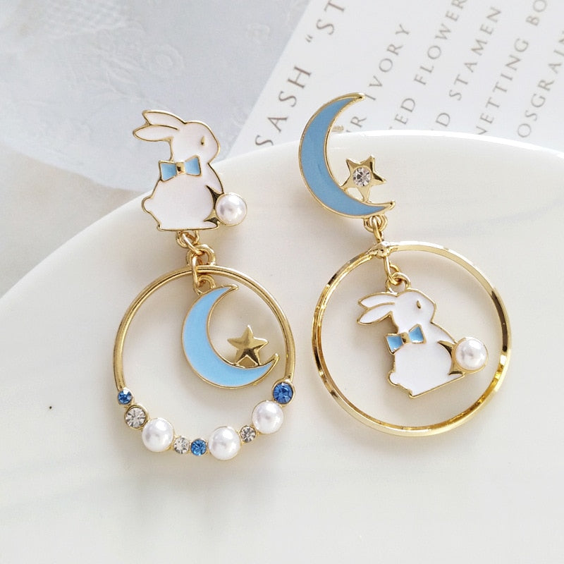 Cute Fashion Asymmetric Cat Rabbit Moon Star Stud Earrings For Women Girls Fan Flower Heart Fish Eardrop Wedding Dangle Jewelry