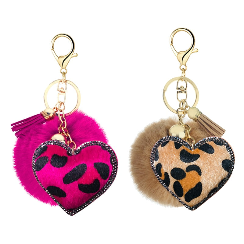 New Korean velvet rhinestone leopard pattern love hair ball key ring pendant bell accessories bag bag ornament