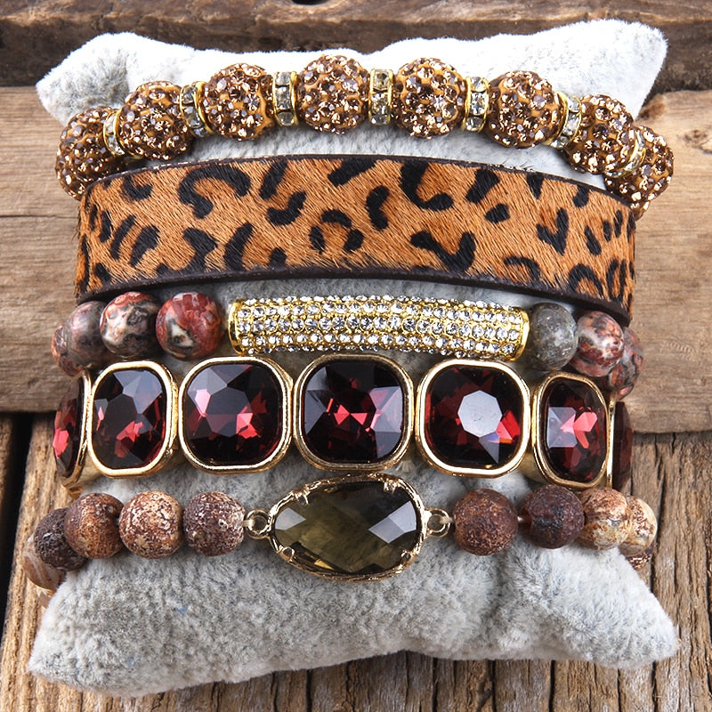 RH Fashion leopard Leather Bracelet Set 5pc Handmade Natural Stone Female Femme Bracelets Sets For Women Jewelry DropShipping
