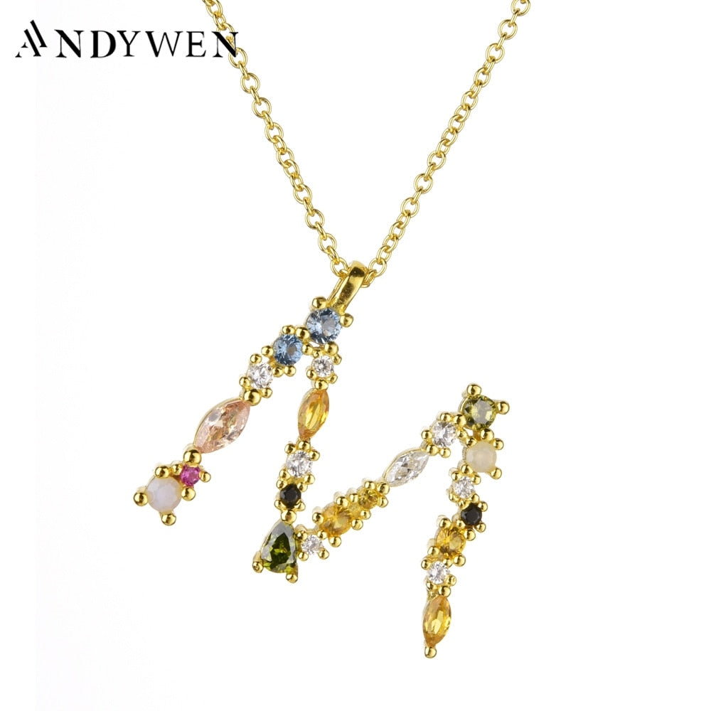 ANDYWEN 925 Sterling Silver Gold Letter M Pendant Initial F Alphabet Necklace Monogram Opals 2020 Women Accessories Jewelry