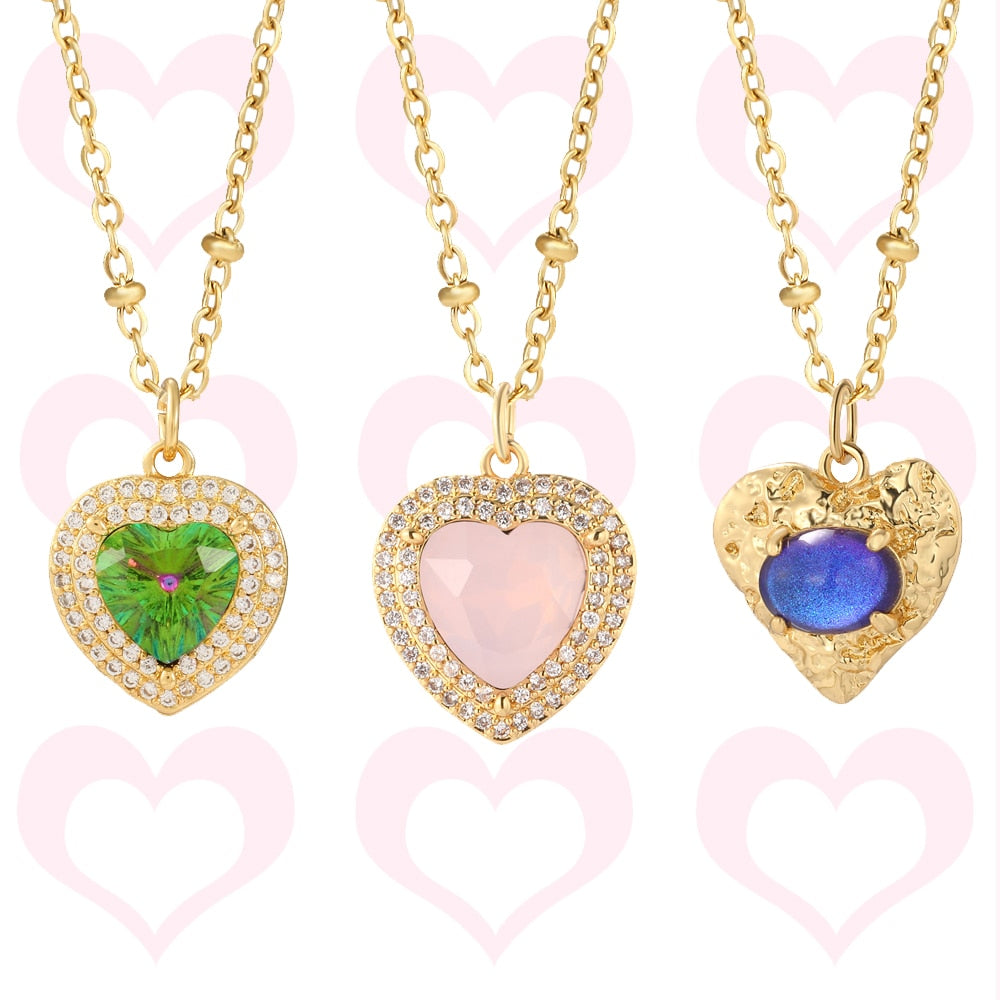 Luxury Heart Pendant Necklace for Women Romantic Woman&#39;s Chain Stainless Steel Choker Necklace Trendy big Zircon Opal Jewelry